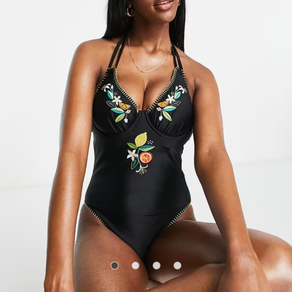 Figleaves Fuller Bust Fruit Embroidered Double Strap Swimsuit in Black NWT